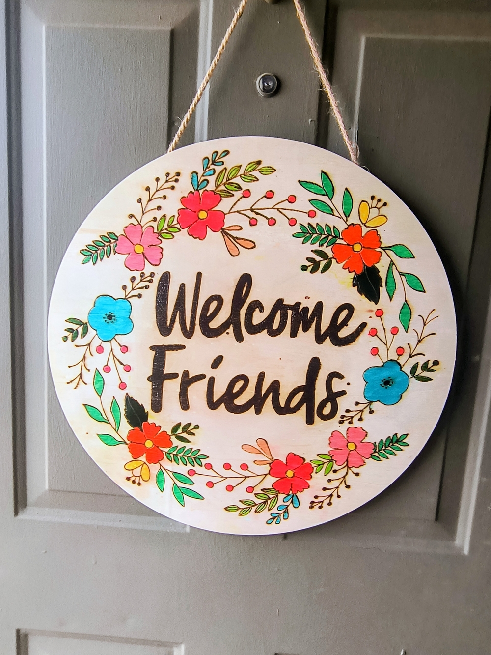 Hand Crafted Welcome Friends Floral Sign in White, Pink, Blue, Orange, Green